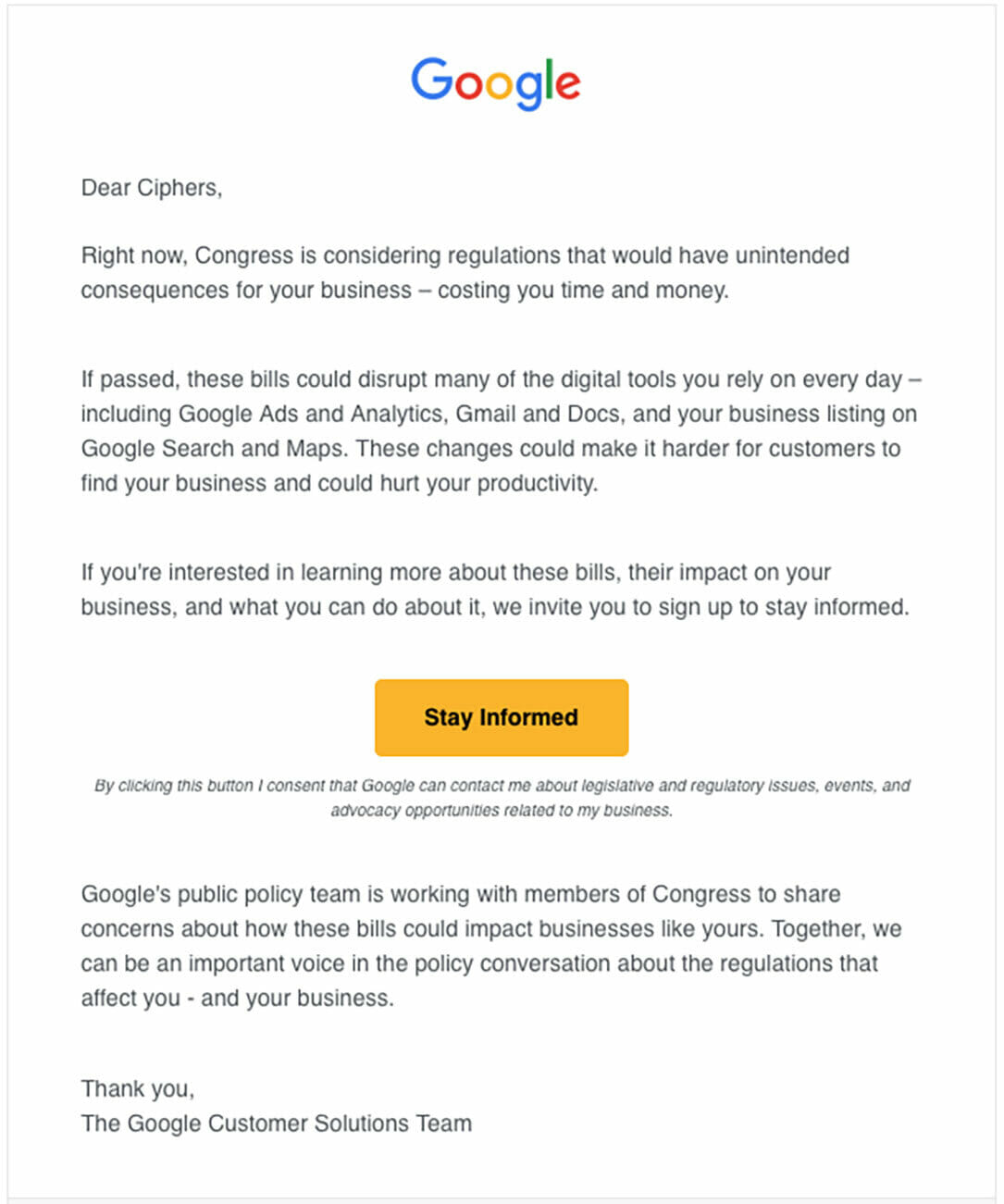 Google Email Warning Businesses of Impact from Social Media Bill