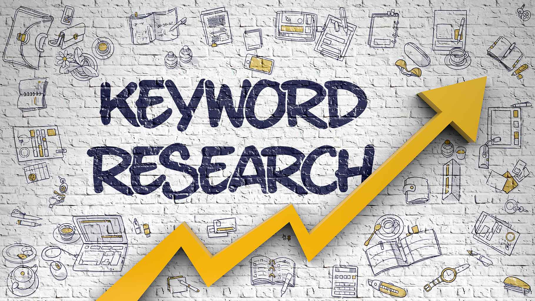 Keyword Research Drawn on White Brick Wall. Illustration with Hand Drawn Icons. Keyword Research Inscription on Modern Line Style Illustration. with Orange Arrow and Doodle Design Icons Around. 3d.
