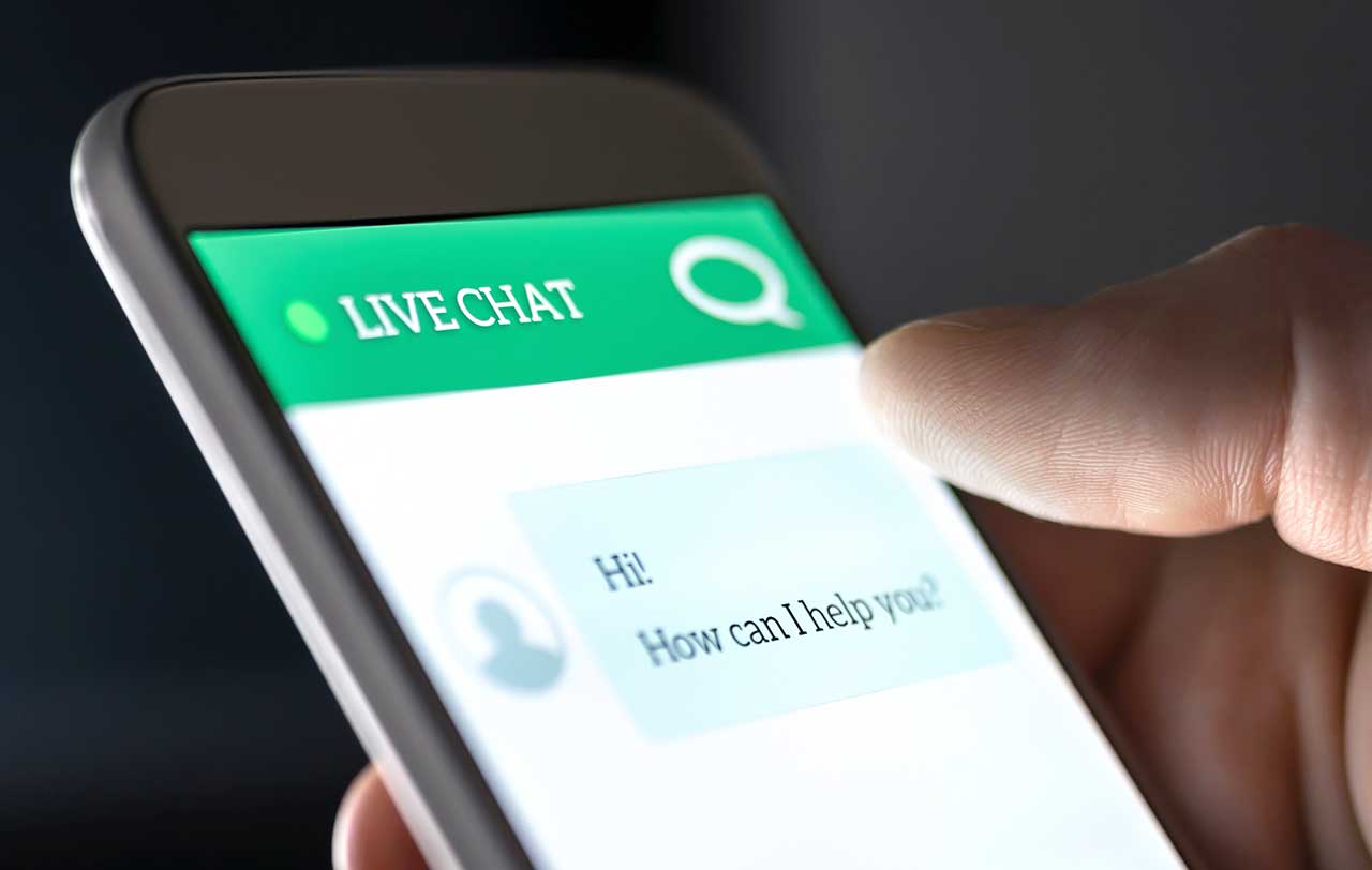 live chat bot on cell phone Image of live chatbot on cell phone with thumb on screen