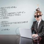 Html code text with vintage businessman using laptop mad scientist analyzing html