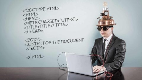 Html code text with vintage businessman using laptop mad scientist analyzing html
