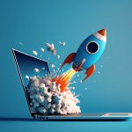 Rocket Taking Off Our of Labtop AI Generated Rocket coming out of laptop screen, blue background. AI digital