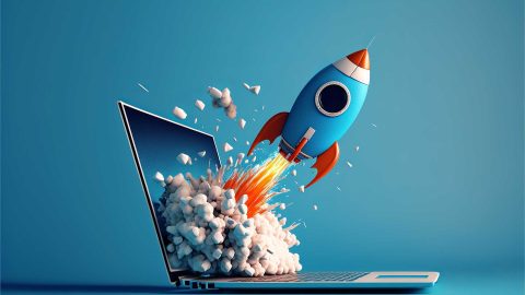 Rocket Taking Off Our of Labtop AI Generated Rocket coming out of laptop screen, blue background. AI digital