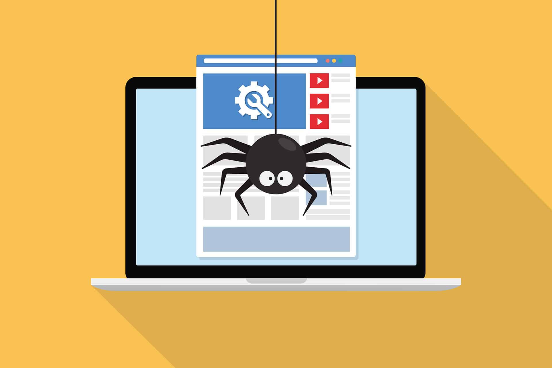 Black spider hanging from web, posing as web crawler in front of labtop