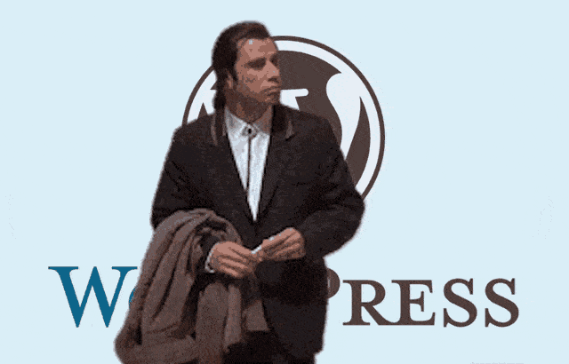 John Travolta from Pulp Fiction in front of wordpress logo gif