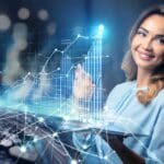 Women working on digital analytics Business Woman at digital graph with excitement.
