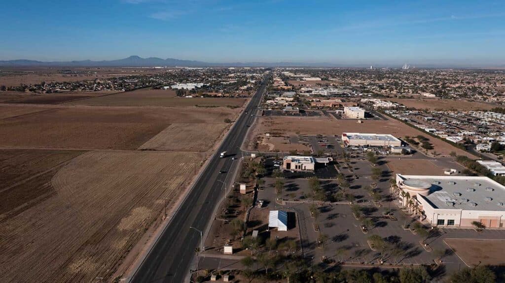 Drone view of local businesses in Case Grande, Arizona