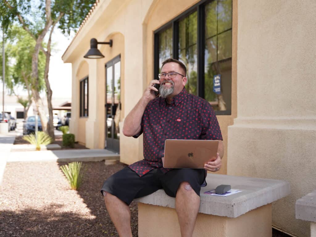 Mike-Rux-Providing-Directions-Ciphers-Digital-Marketing-Gilbert-AZ Rob, Elly & Mike at the Gilbert office of Ciphers Digital.