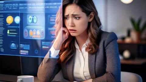 A frustrated business owner sitting at a desk, looking at a computer screen displaying a Goo