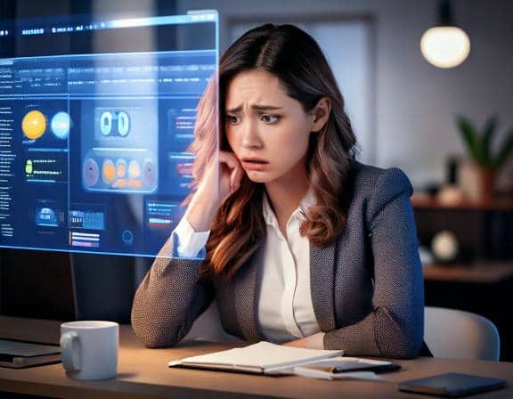 A frustrated business owner sitting at a desk, looking at a computer screen displaying a Goo