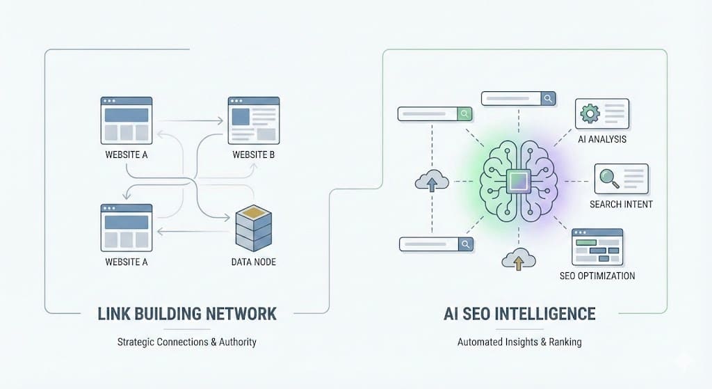 Link building for AI SEO showing authority and trust signals across connected websites