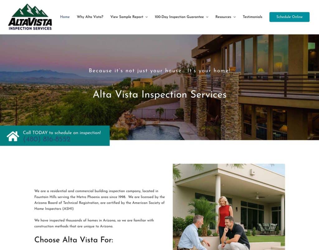Alta Vista Inspection Services homepage showcasing professional home inspections in Mesa, Arizona