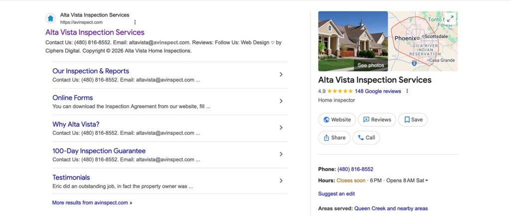 Organic search results and Google Business Profile listing for Alta Vista Inspection Services in Mesa, Arizona