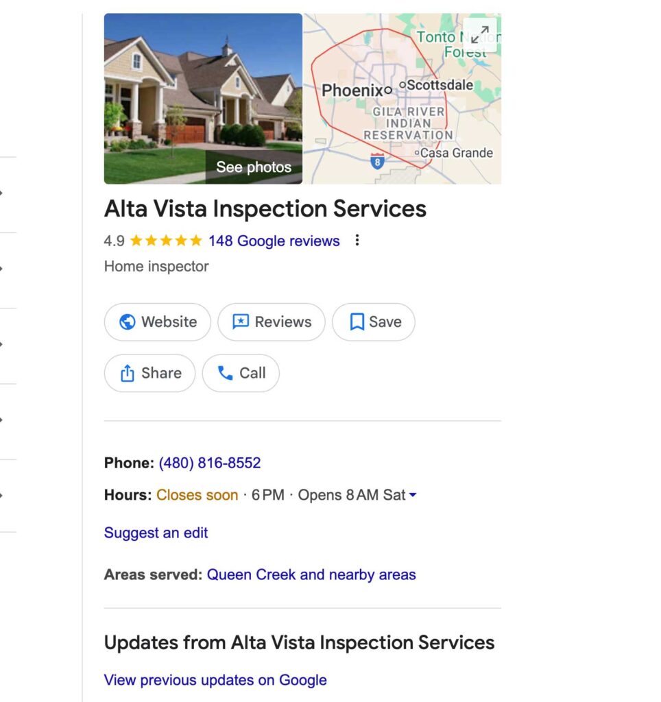 Screen shot image of Google Knowledge panel for Alta Vista Home Inspection Service
