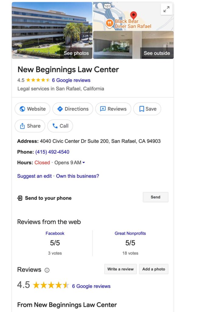 Verified Google Business Profile for New Beginnings Law Center, providing nonprofit legal services in the San Francisco Bay Area.