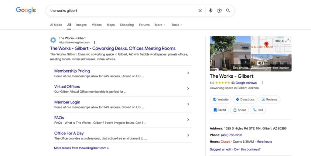 Google search growth and local visibility increase for The Works Gilbert coworking space after website improvements by Ciphers Digital Marketing
