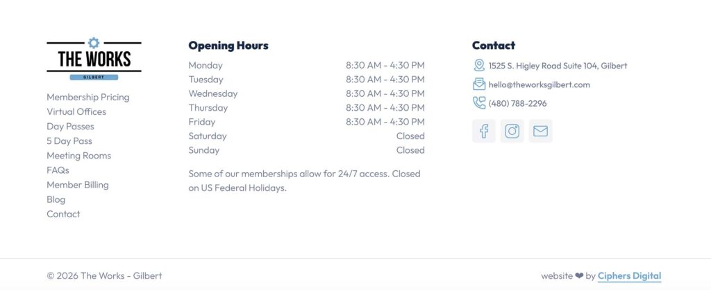 The Works Gilbert coworking space address and location in Gilbert Arizona where Ciphers Digital Marketing operates