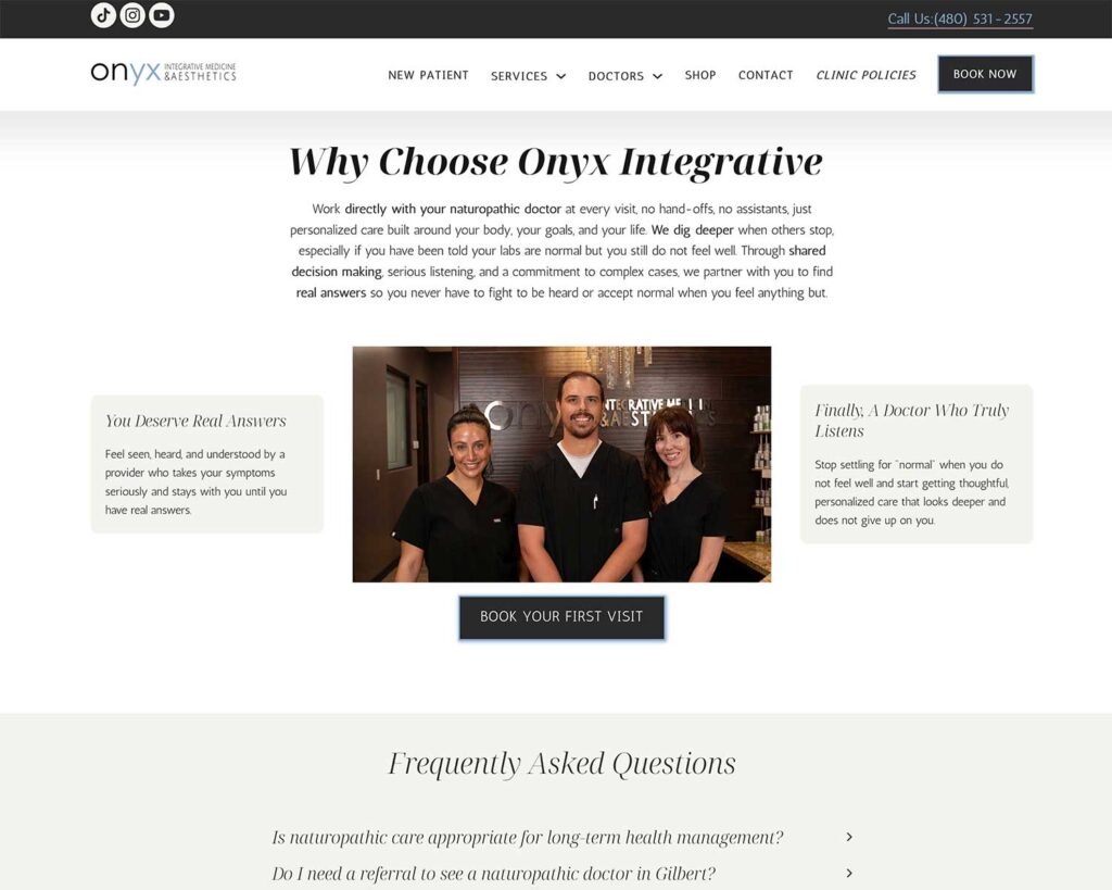 Onyx Integrative Medicine website section showing naturopathic doctor team patient trust messaging and book your first visit call to action in Gilbert Arizona