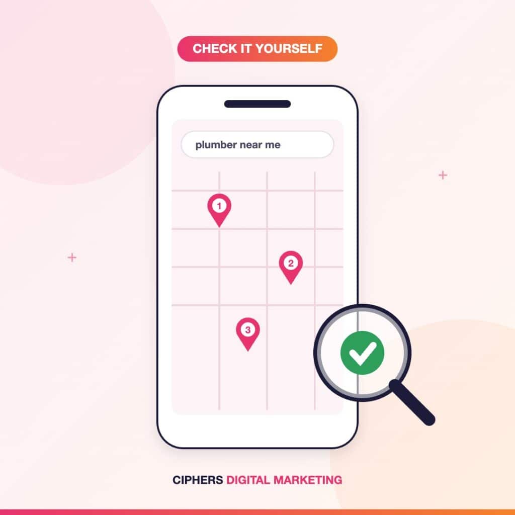 Illustration of a phone showing local map results with a magnifying glass, representing checking your own local rankings