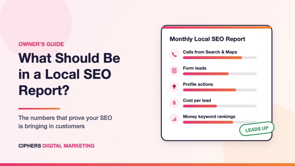 Illustrated cover for a guide on what should be in a local SEO report, showing a sample report card with calls, form leads, profile actions, cost per lead, and rankings