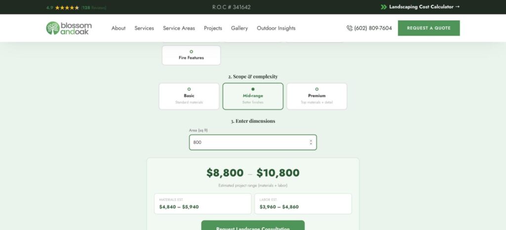 Blossom and Oak Landscaping Cost Calculator Arizona landscaping cost calculator on the Blossom and Oak website showing a mid-range artificial grass estimate