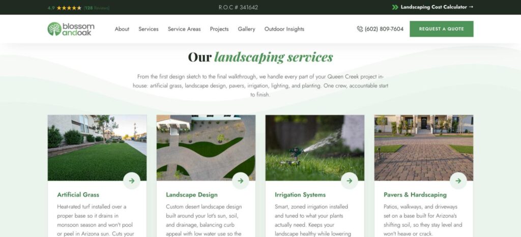 Blossom and Oak Landscaping Website Services Landscaping services cards on the Blossom and Oak website: artificial grass, landscape design, irrigation, pavers