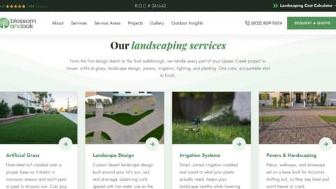 Blossom and Oak Landscaping Website Services Landscaping services cards on the Blossom and Oak website: artificial grass, landscape design, irrigation, pavers