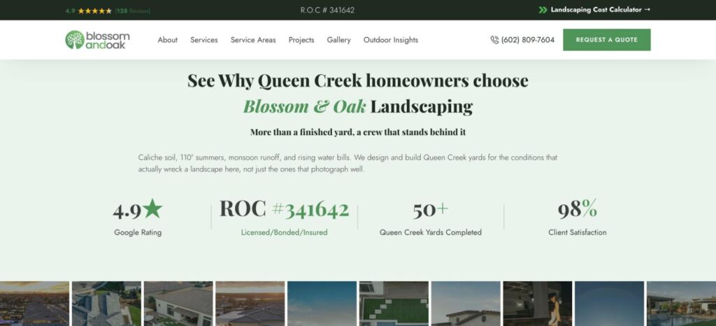 Blossom and Oak Landscaping Website Trust Section Blossom and Oak Landscaping website trust section with 4.9 Google rating and ROC 341642, Queen Creek AZ