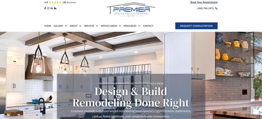 Premier Design-Build-Remodel Website Homepage Premier Design-Build-Remodel website homepage with kitchen remodel hero for Mesa and Scottsdale AZ