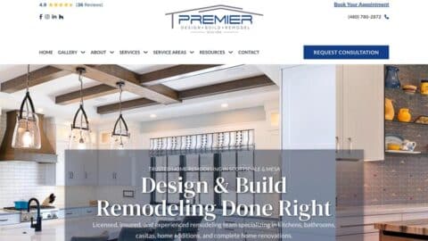 Premier Design-Build-Remodel Website Homepage Premier Design-Build-Remodel website homepage with kitchen remodel hero for Mesa and Scottsdale AZ