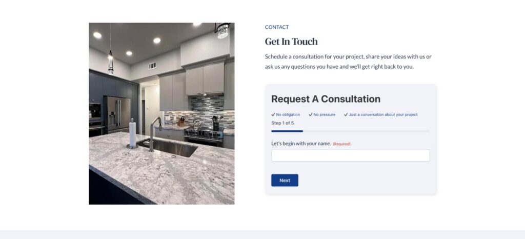 Premier Five-Step Remodeling Consultation Form Five-step remodeling consultation request form on the Premier Design-Build-Remodel website