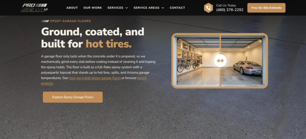 Pro Seal AZ Epoxy Garage Floor Section Design Epoxy garage floor section of the Pro Seal AZ website with a before and after garage slider
