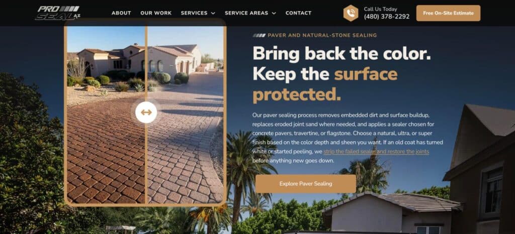 Pro Seal AZ Paver Sealing Before and After Slider Before and after paver sealing slider on the Pro Seal AZ website showing a restored Arizona driveway