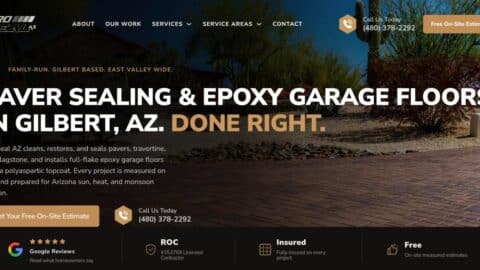 Pro Seal AZ Website Homepage, Gilbert AZ Pro Seal AZ website homepage with paver sealing and epoxy garage floor hero and trust strip, Gilbert AZ